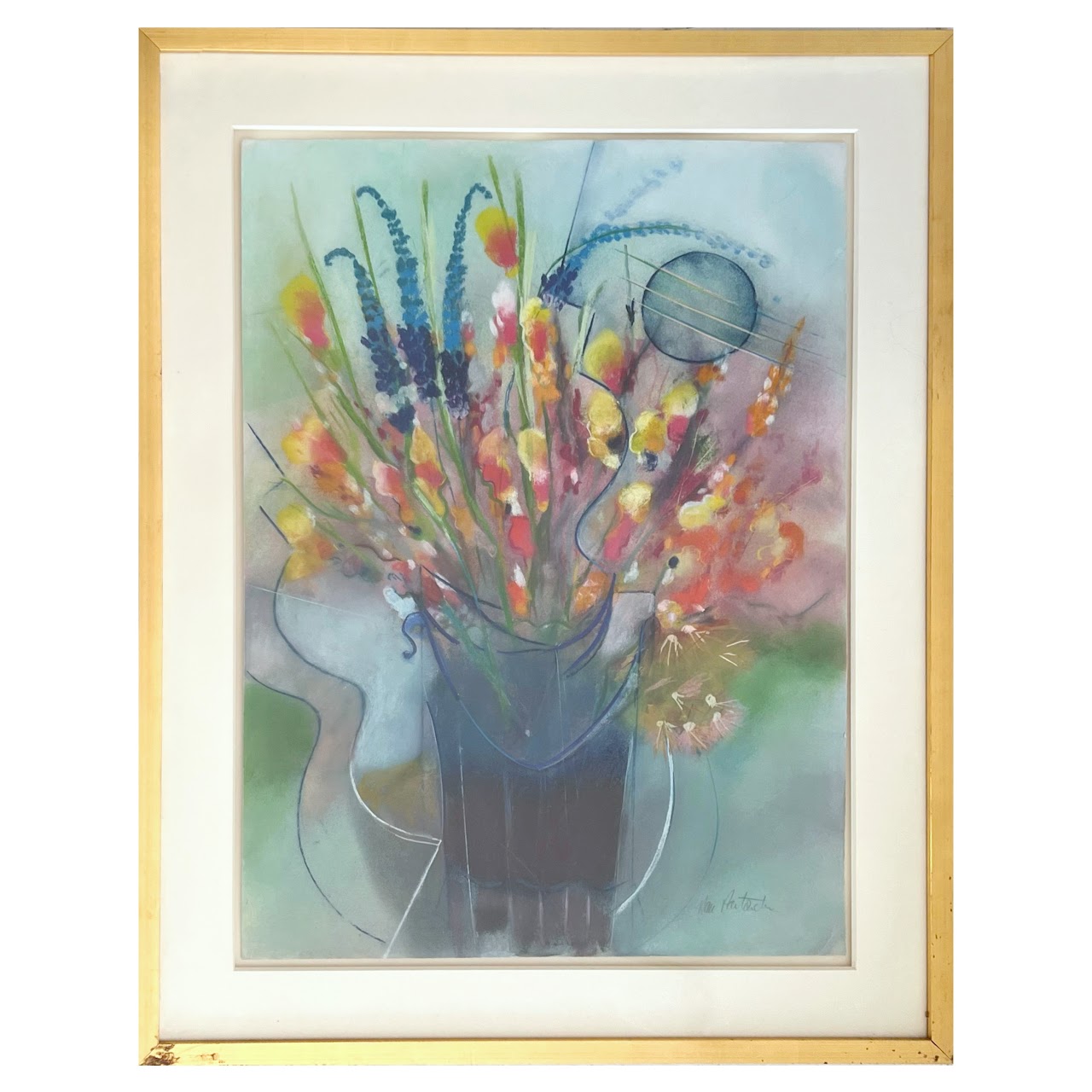 Dan Partouche Signed Still Life with Flowers Pastel Drawing #1