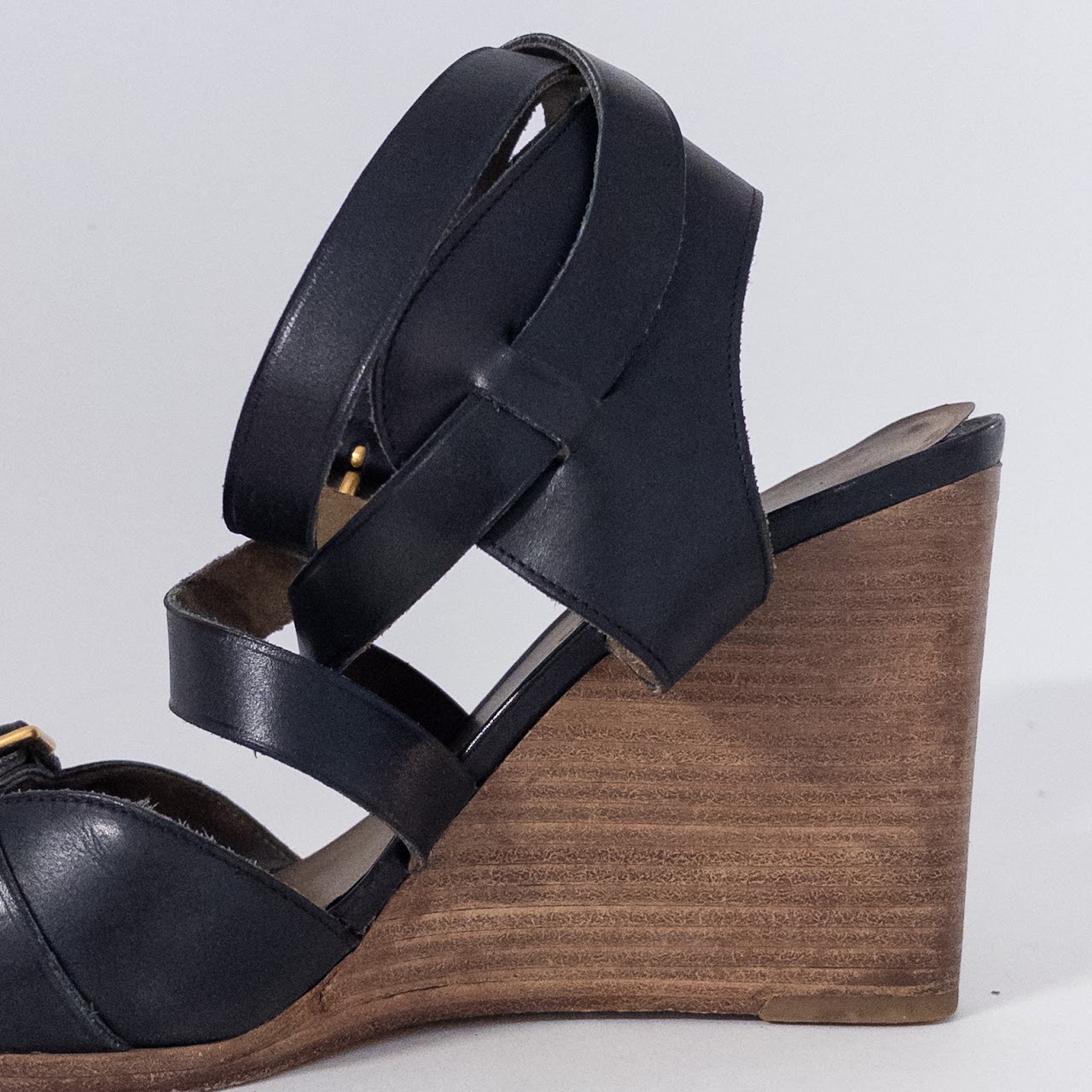 Hermès Black Leather Wedge Sandals