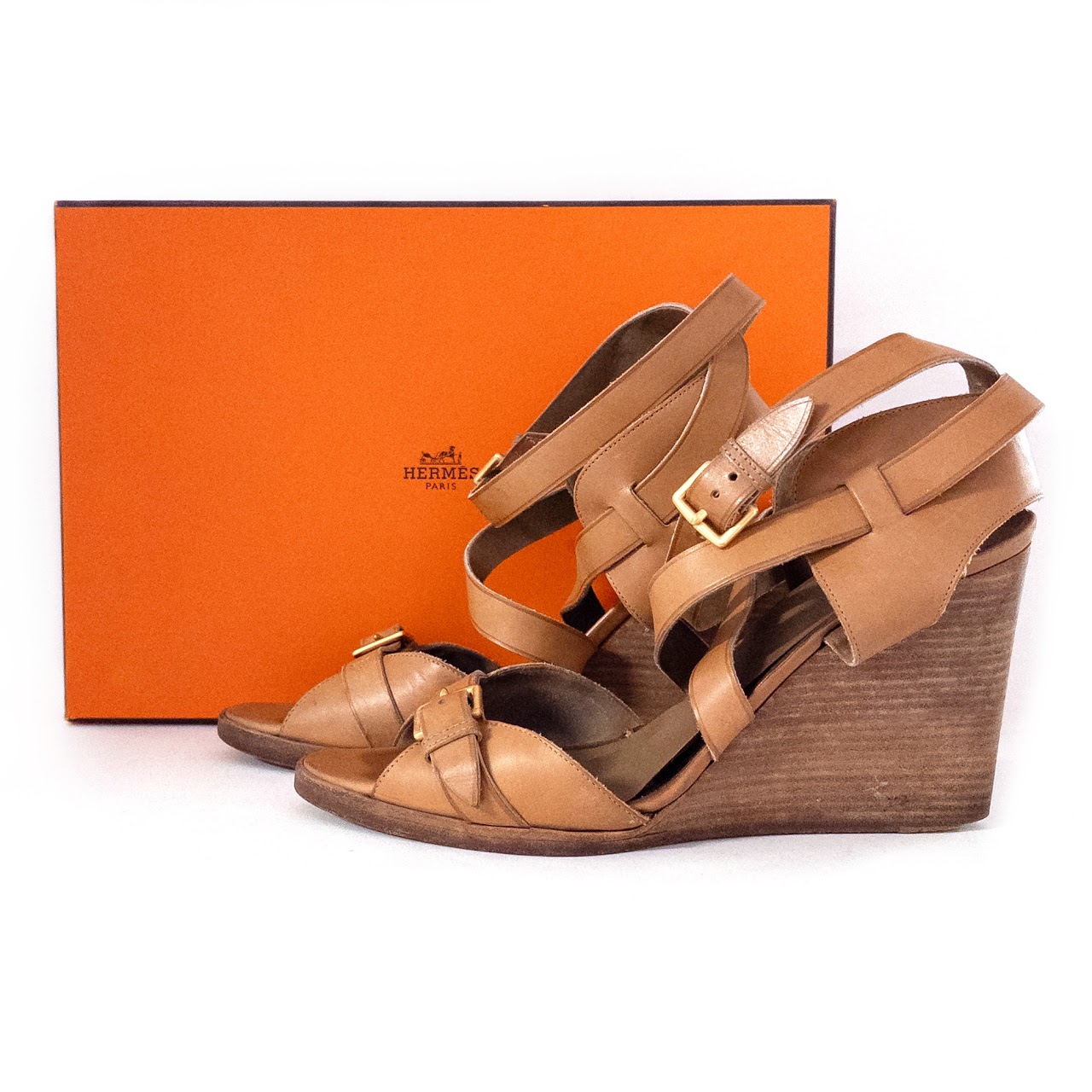 Hermès Brown Leather Wedge Sandals