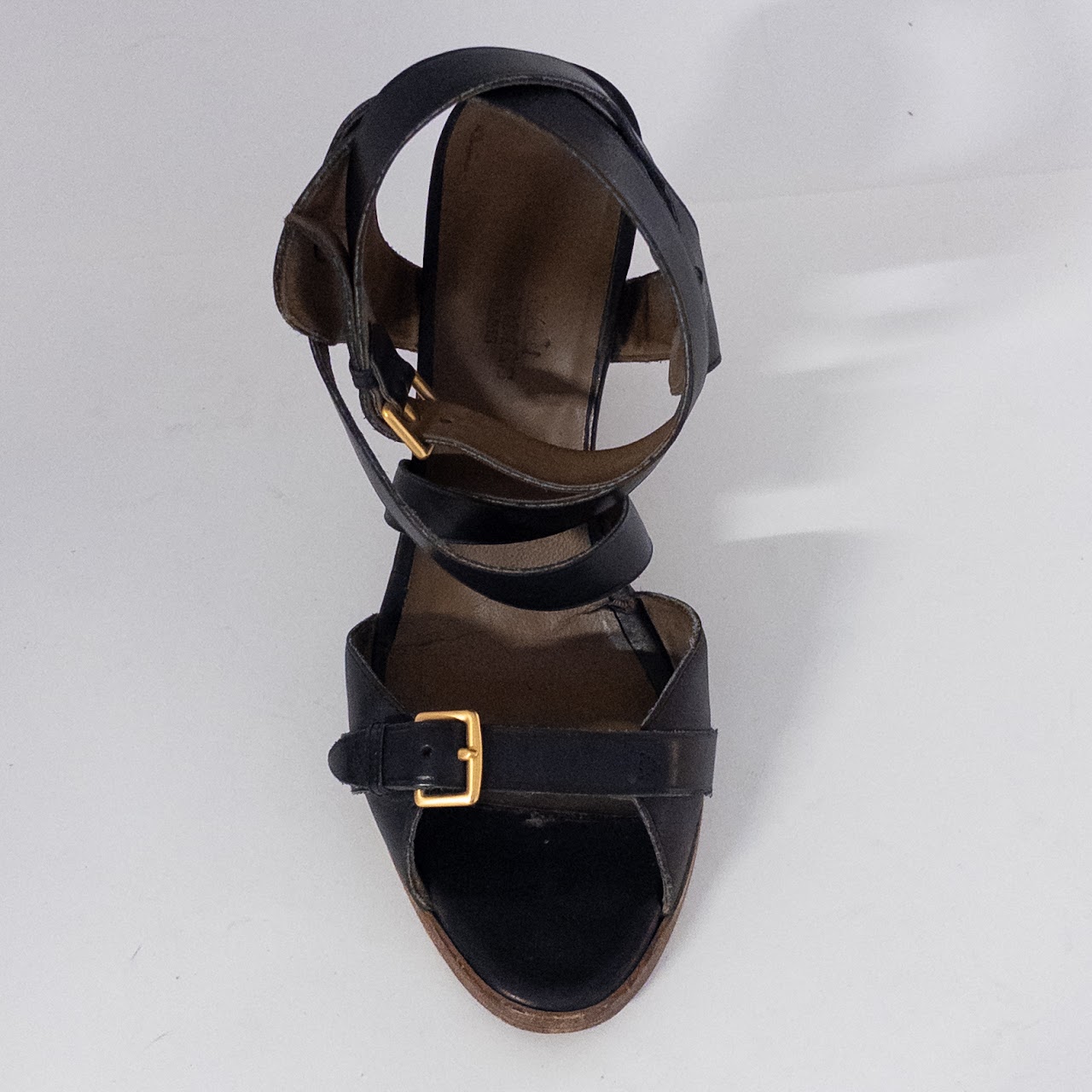 Hermès Black Leather Wedge Sandals