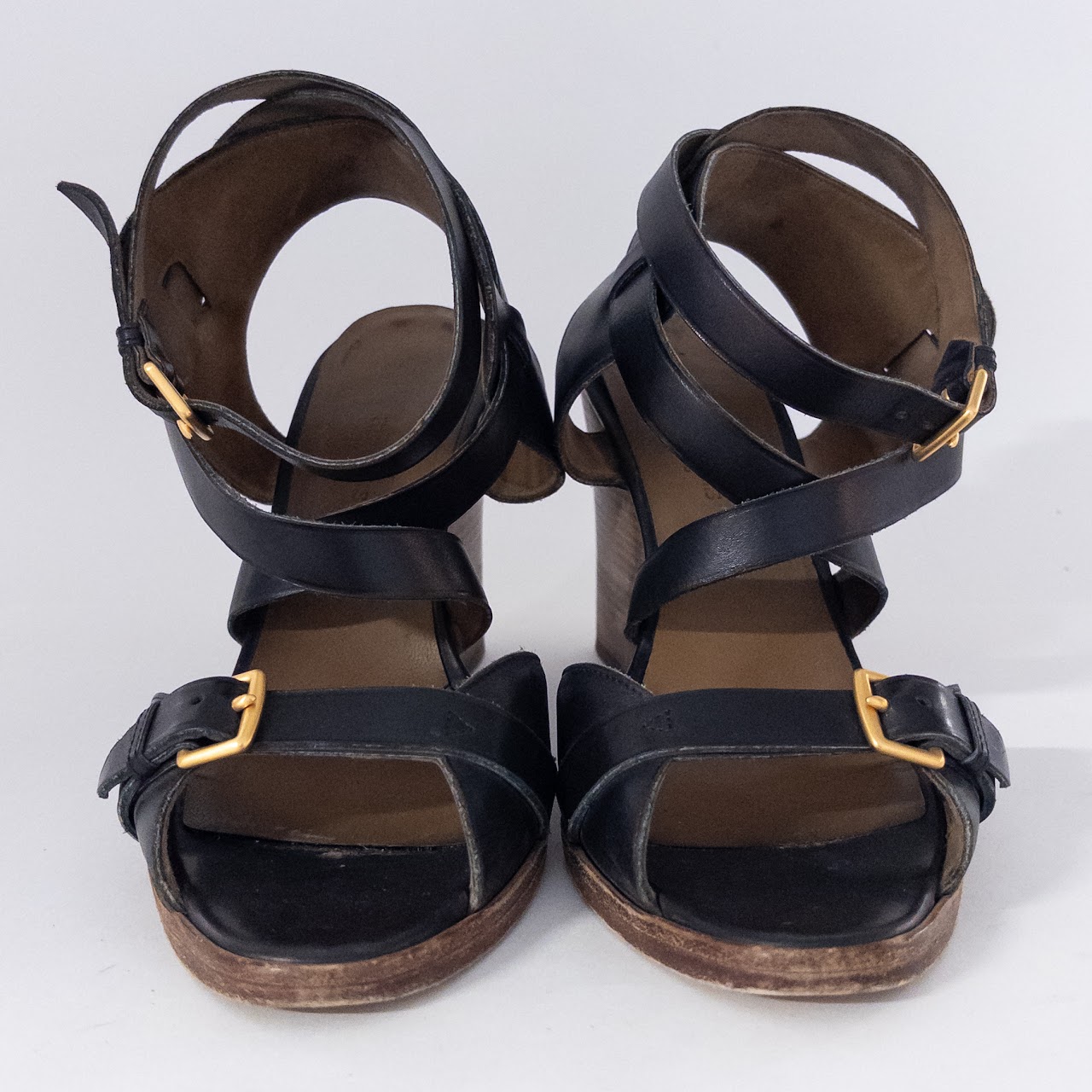 Hermès Black Leather Wedge Sandals