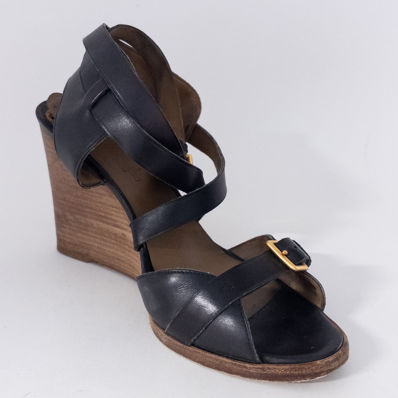 Hermès Black Leather Wedge Sandals