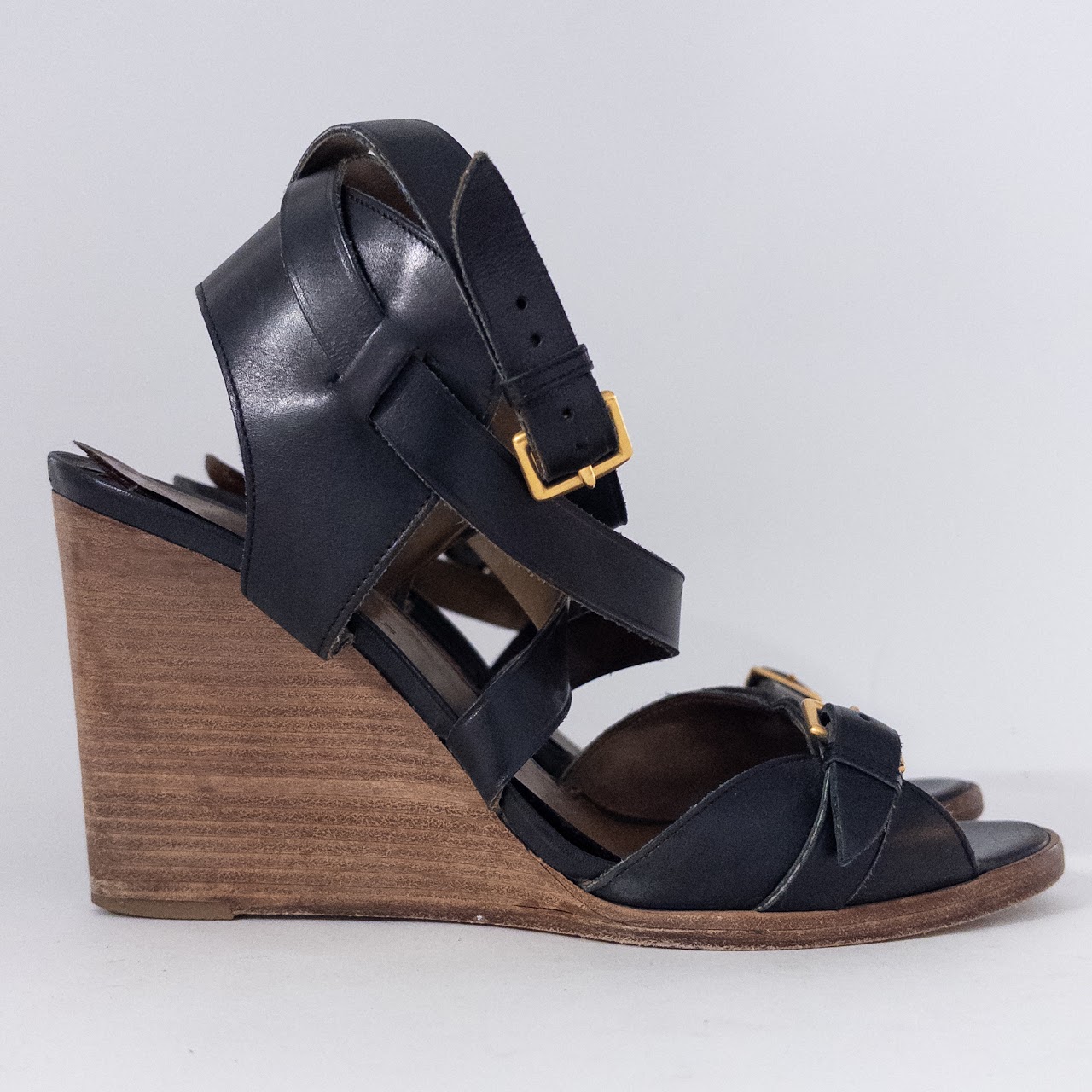 Hermès Black Leather Wedge Sandals