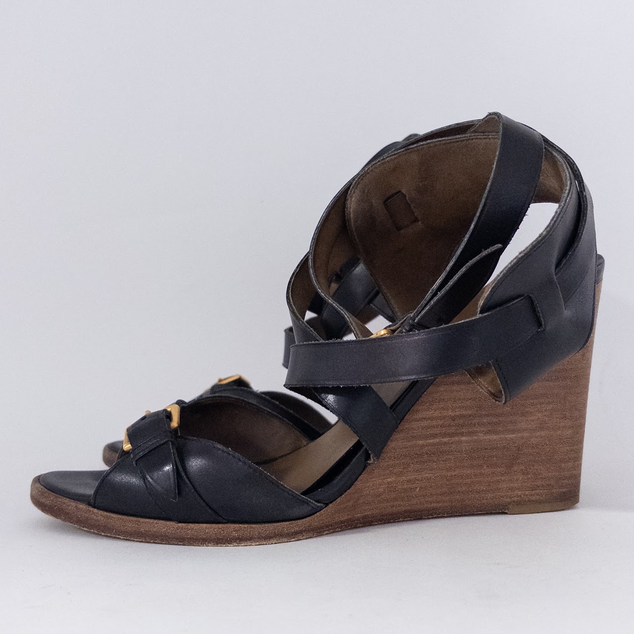 Hermès Black Leather Wedge Sandals