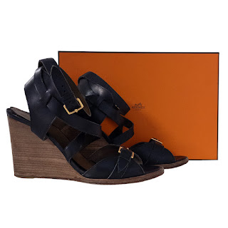 Hermès Black Leather Wedge Sandals