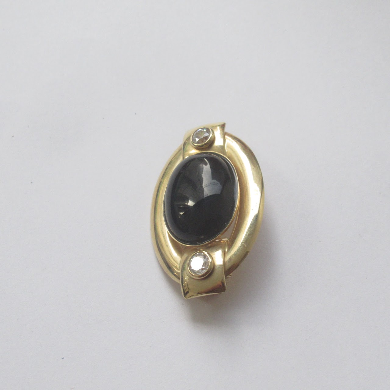 14K Gold, Onyx & Clear Stone Brooch