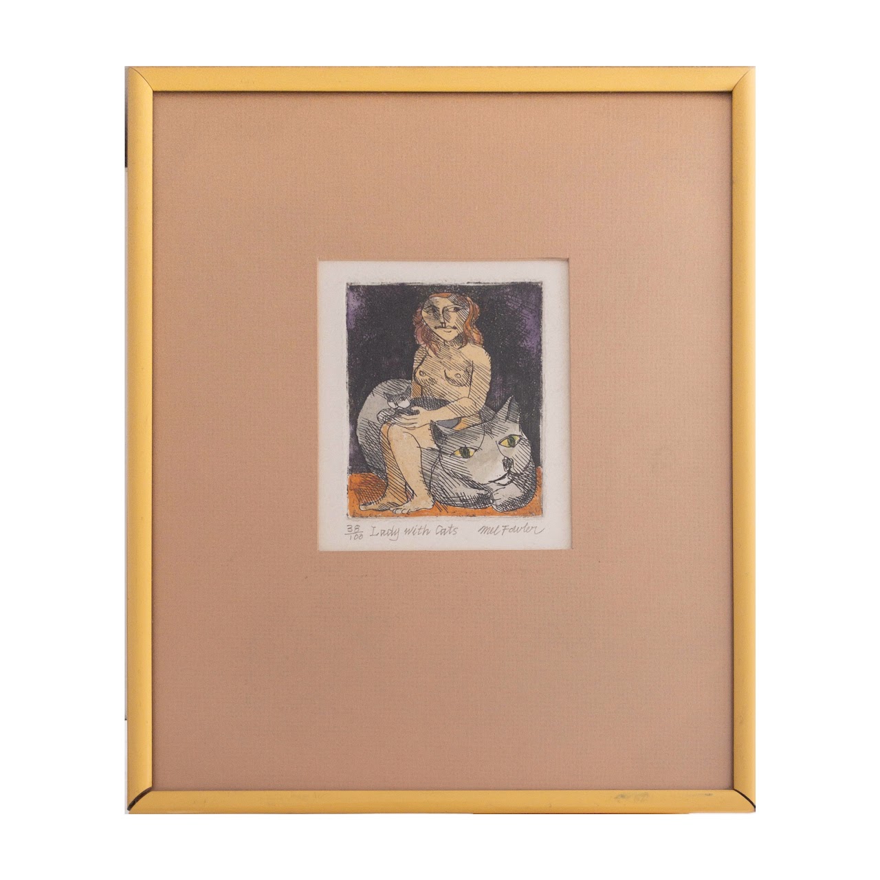 Mel Fowler Signed 'Lady With Cats' Color Etching