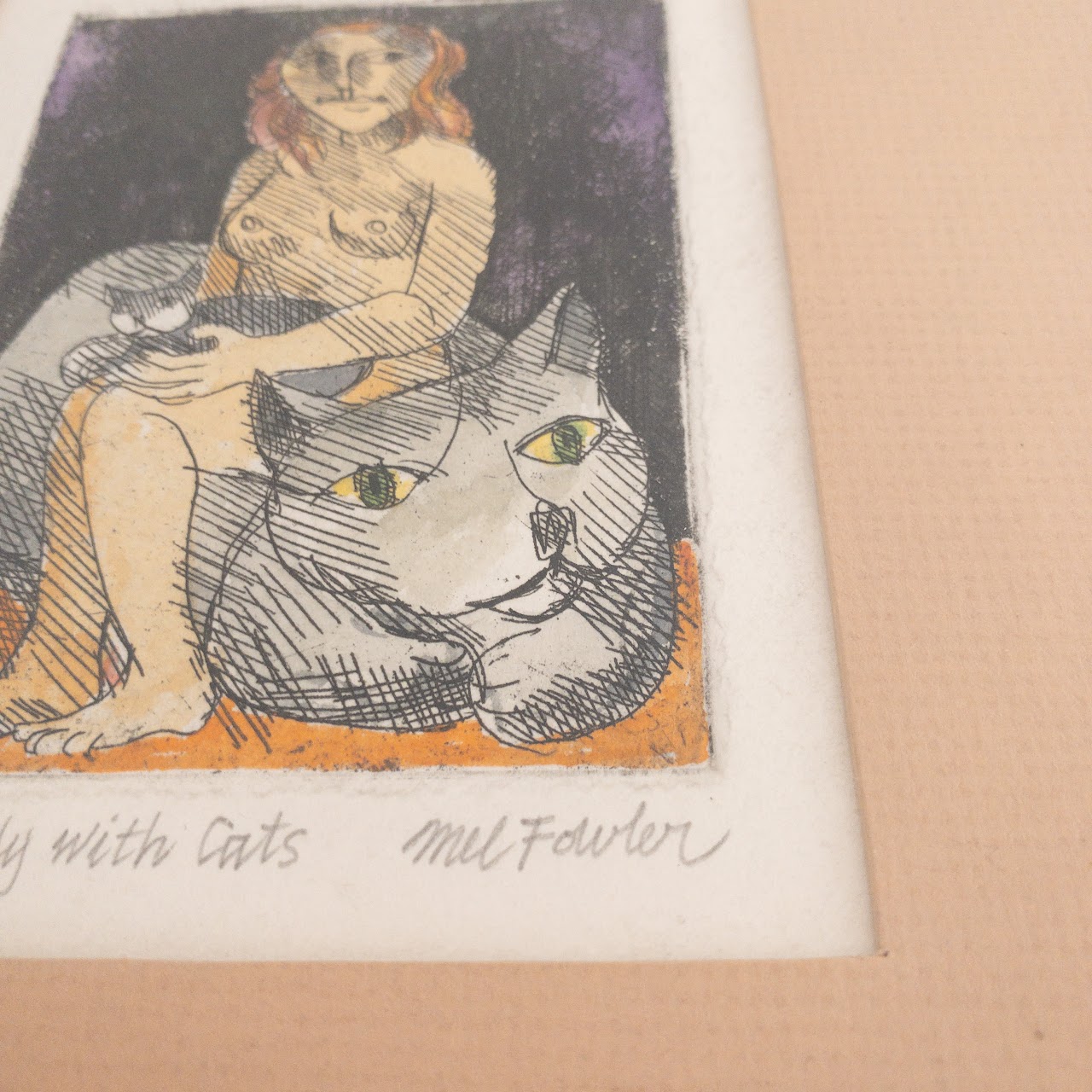 Mel Fowler Signed 'Lady With Cats' Color Etching