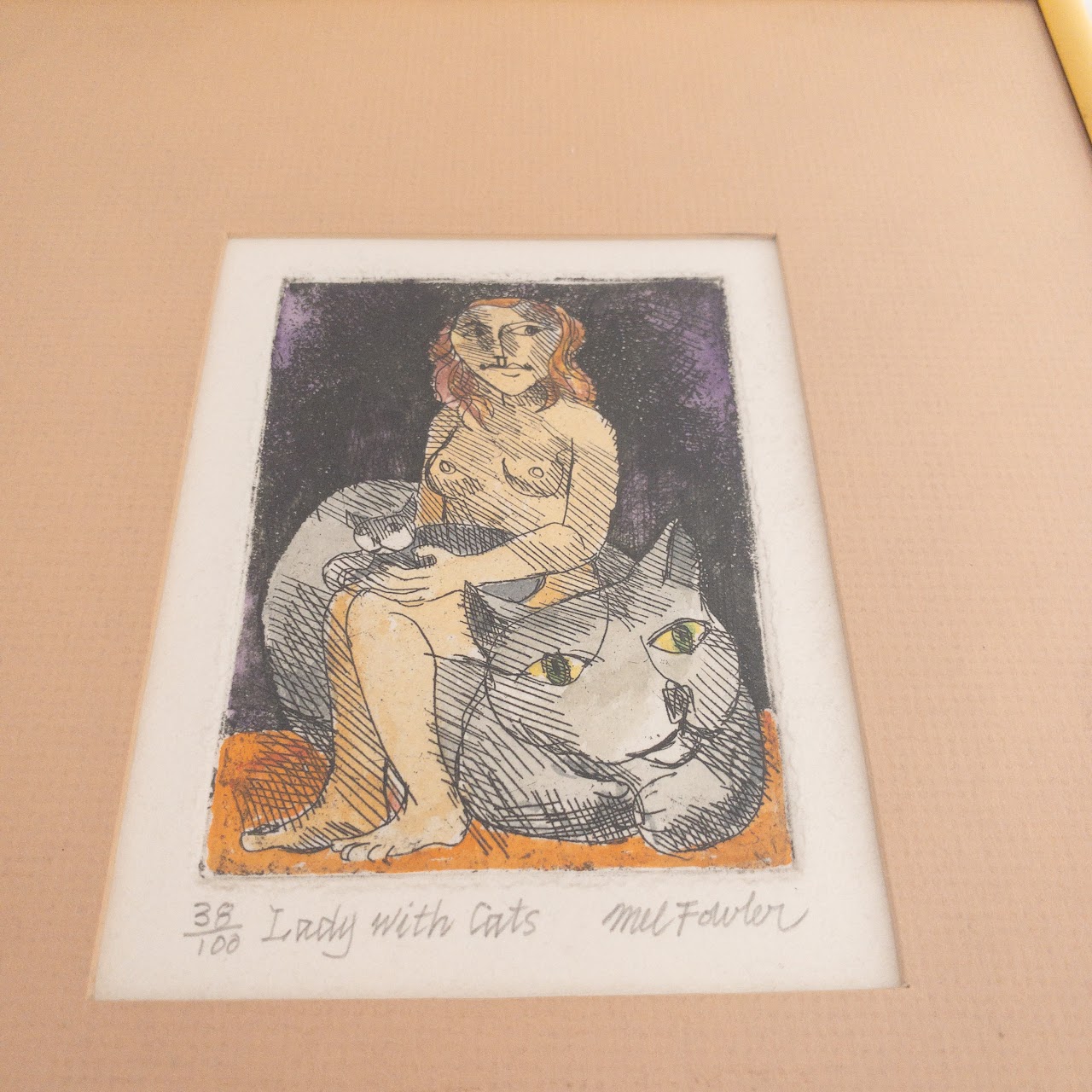 Mel Fowler Signed 'Lady With Cats' Color Etching