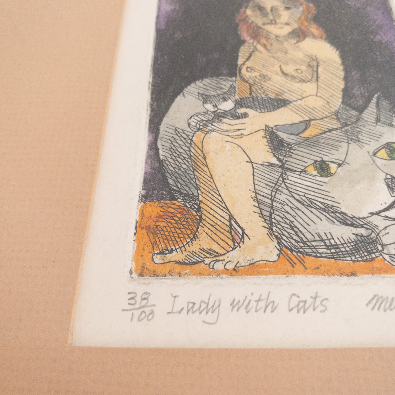 Mel Fowler Signed 'Lady With Cats' Color Etching