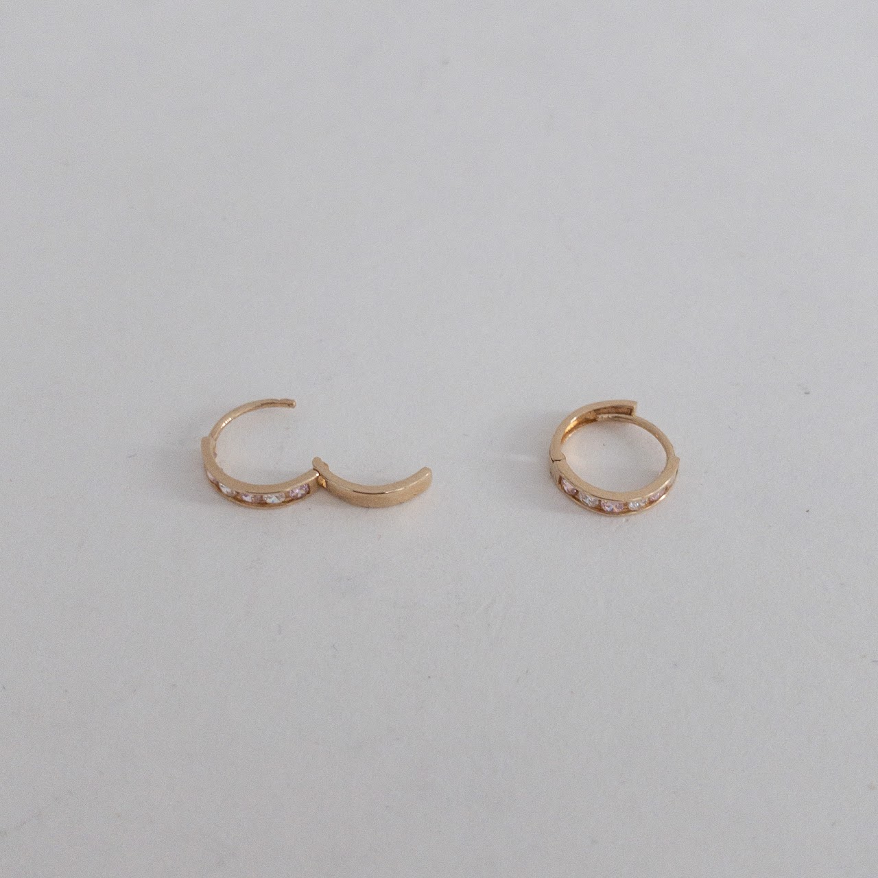 14K Gold Pink & White Stone Mini Hoop Earrings