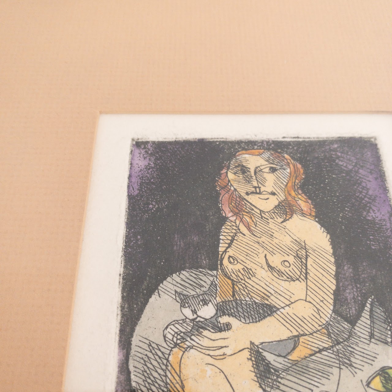 Mel Fowler Signed 'Lady With Cats' Color Etching