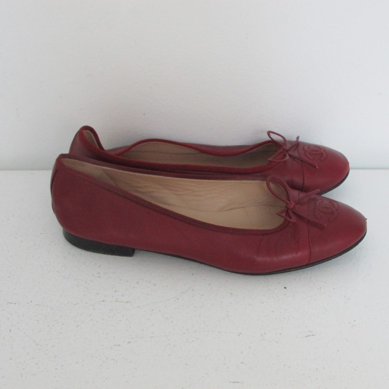 Chanel Deep Red Cap Toe Ballet Flats