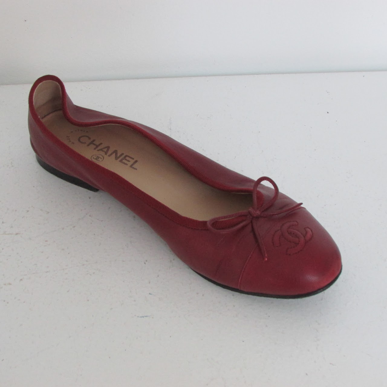 Chanel Deep Red Cap Toe Ballet Flats