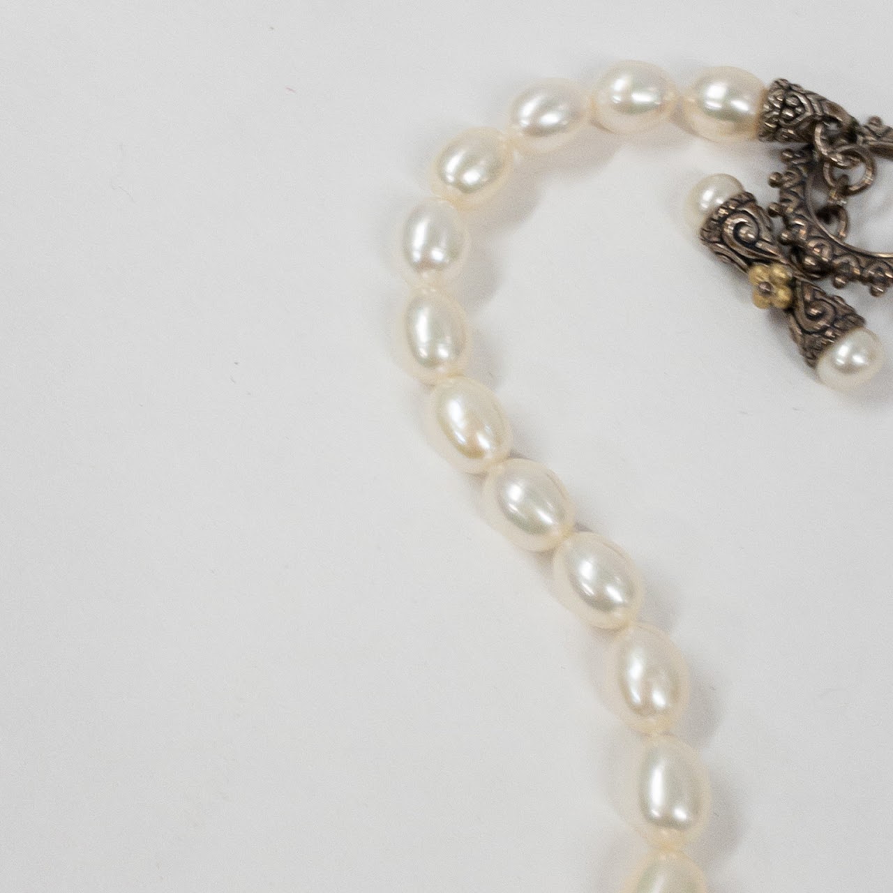 Sterling Silver & Oval Pearl Necklace With Highly Decorative Closure