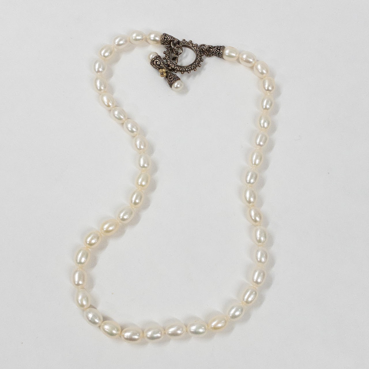 Sterling Silver & Oval Pearl Necklace With Highly Decorative Closure