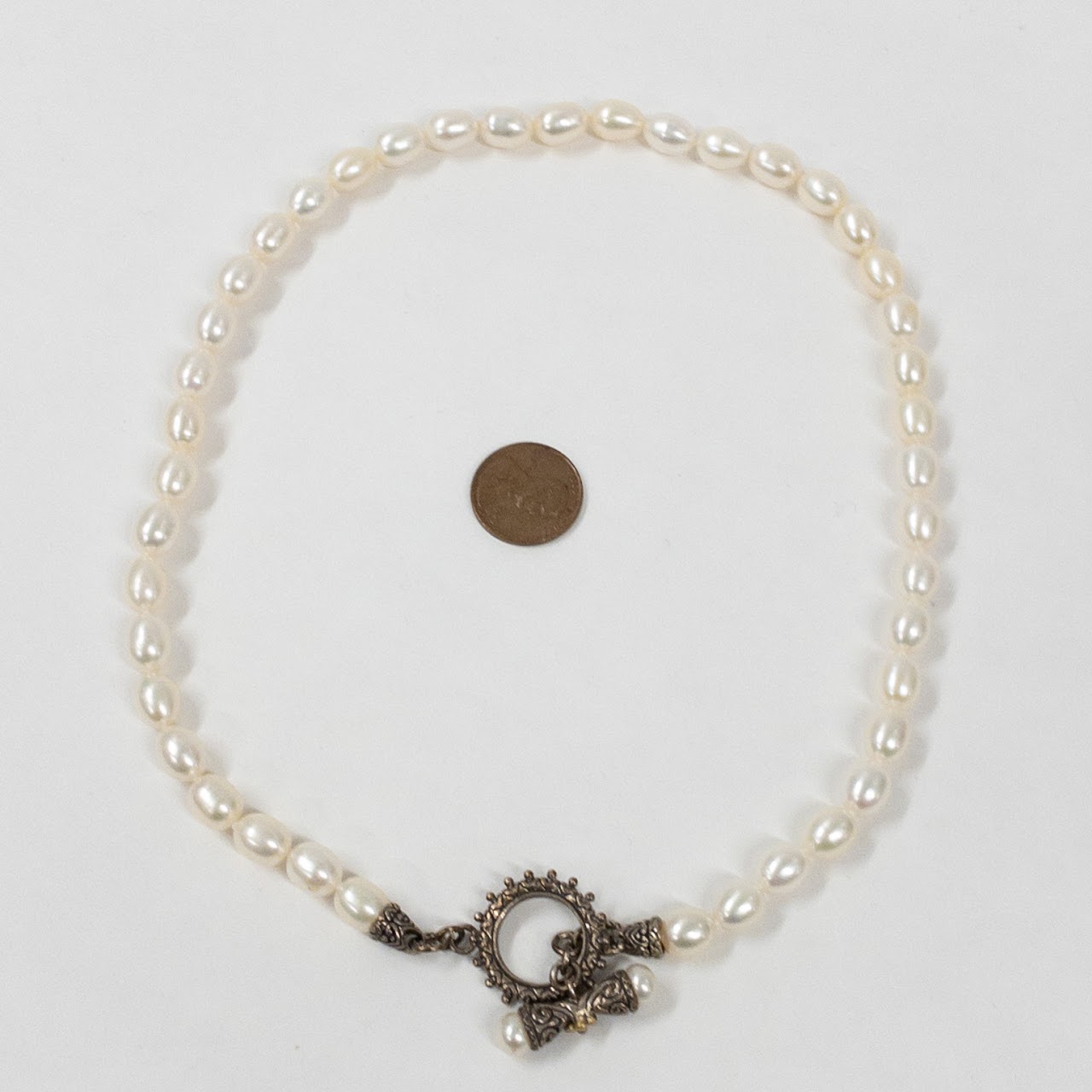 Sterling Silver & Oval Pearl Necklace With Highly Decorative Closure