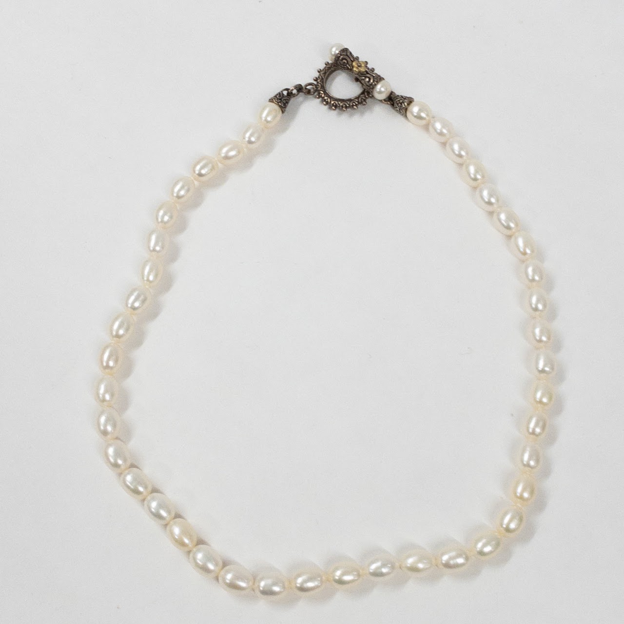 Sterling Silver & Oval Pearl Necklace With Highly Decorative Closure