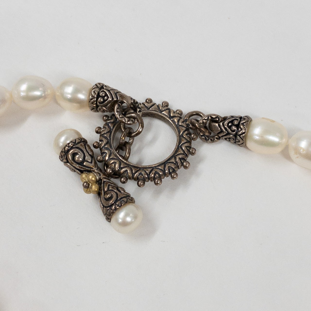 Sterling Silver & Oval Pearl Necklace With Highly Decorative Closure