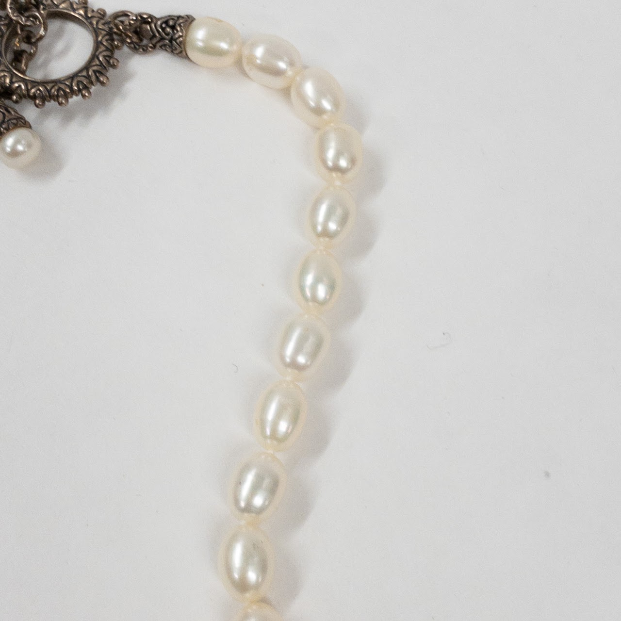 Sterling Silver & Oval Pearl Necklace With Highly Decorative Closure