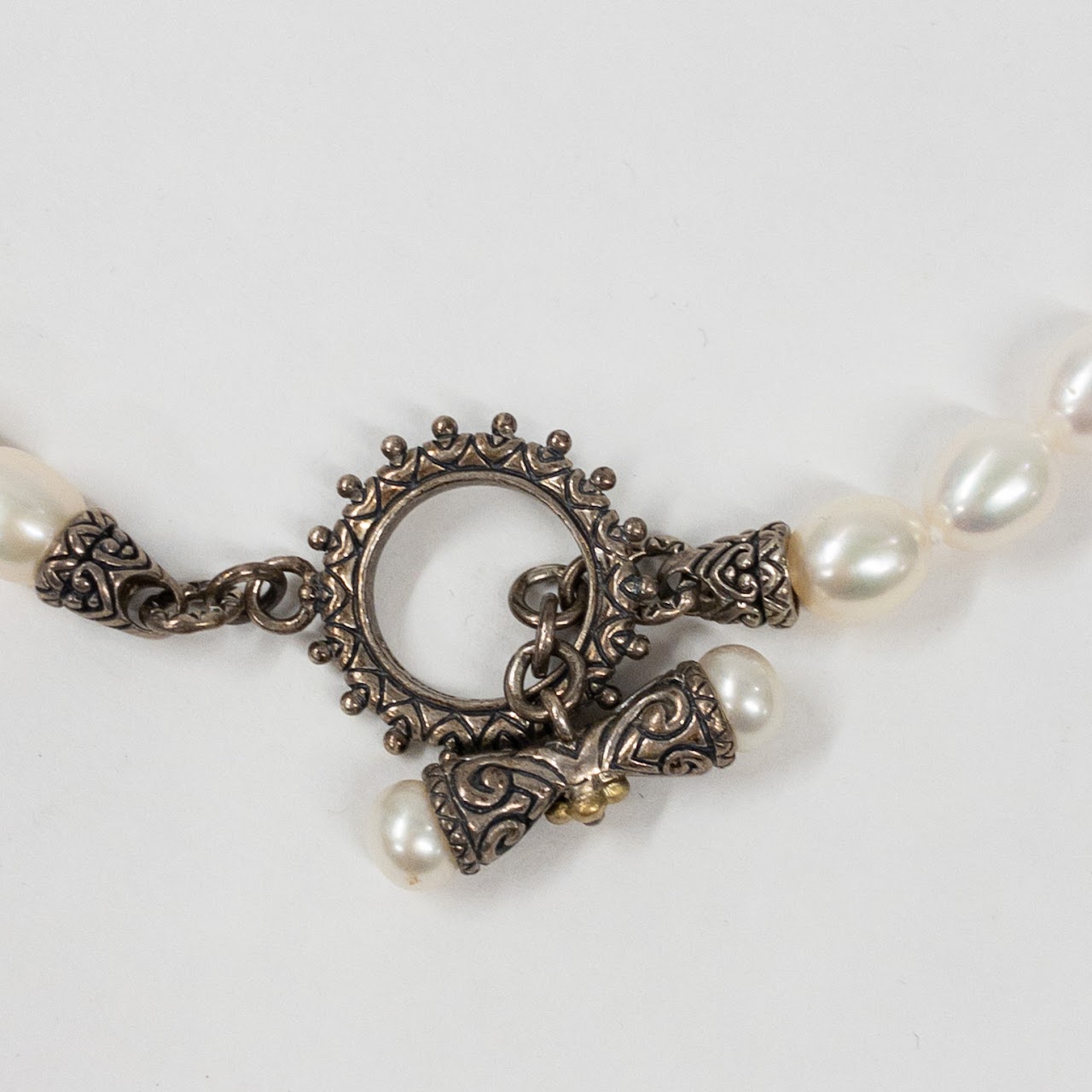 Sterling Silver & Oval Pearl Necklace With Highly Decorative Closure