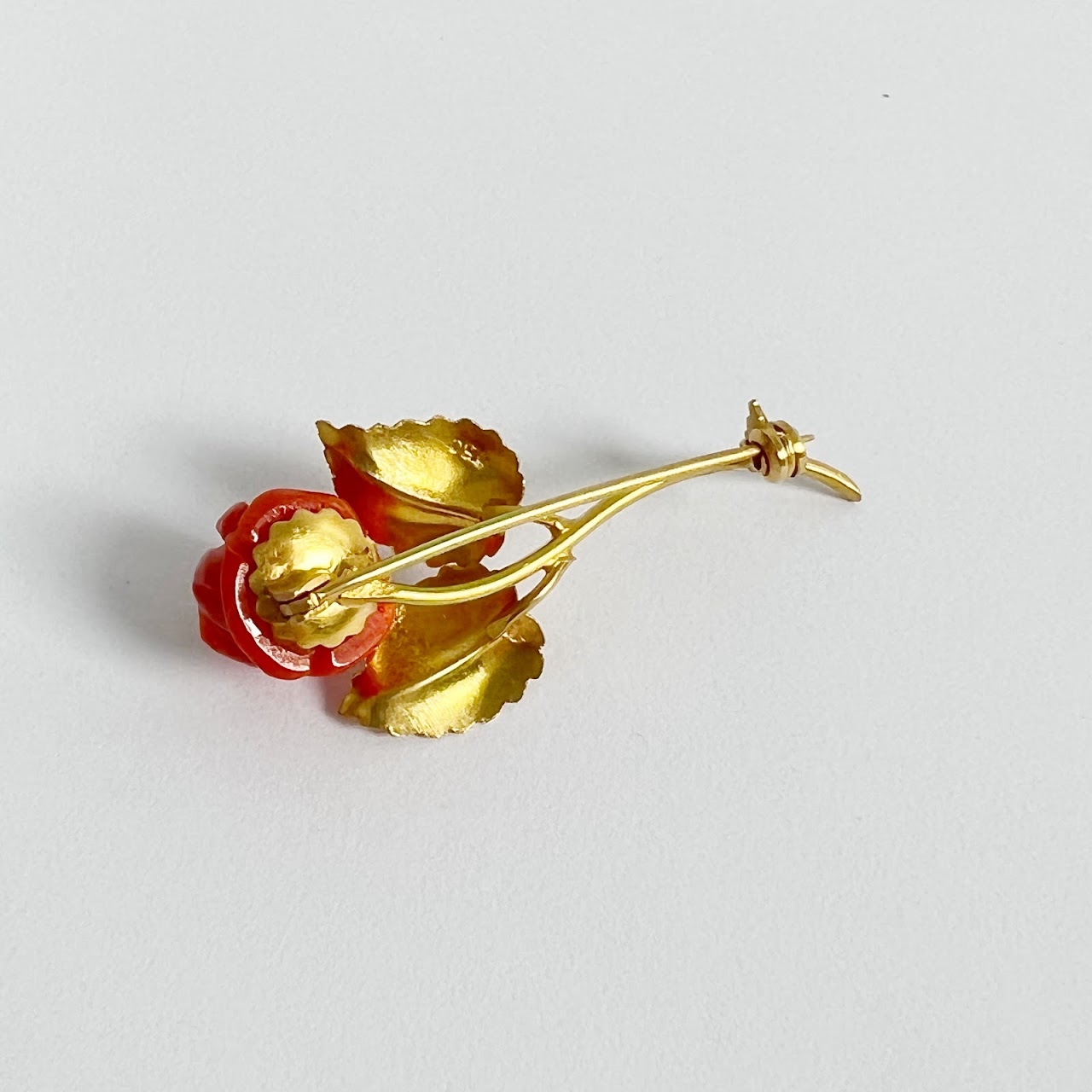 18K Gold & Coral Rose Brooch