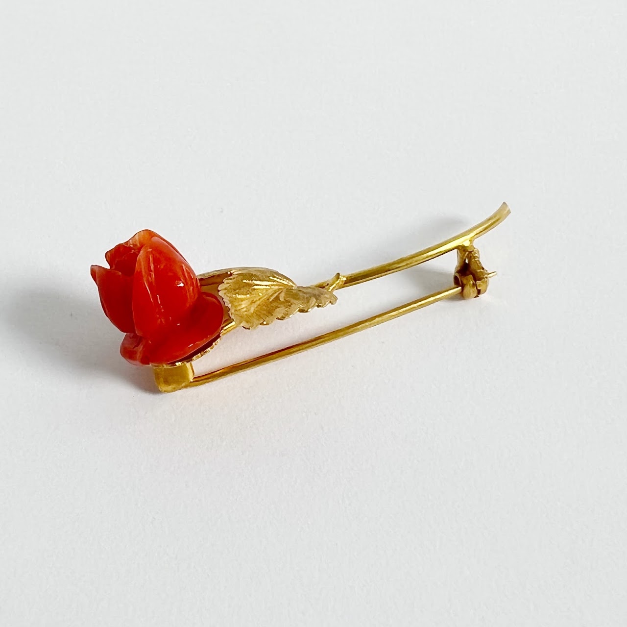 18K Gold & Coral Rose Brooch