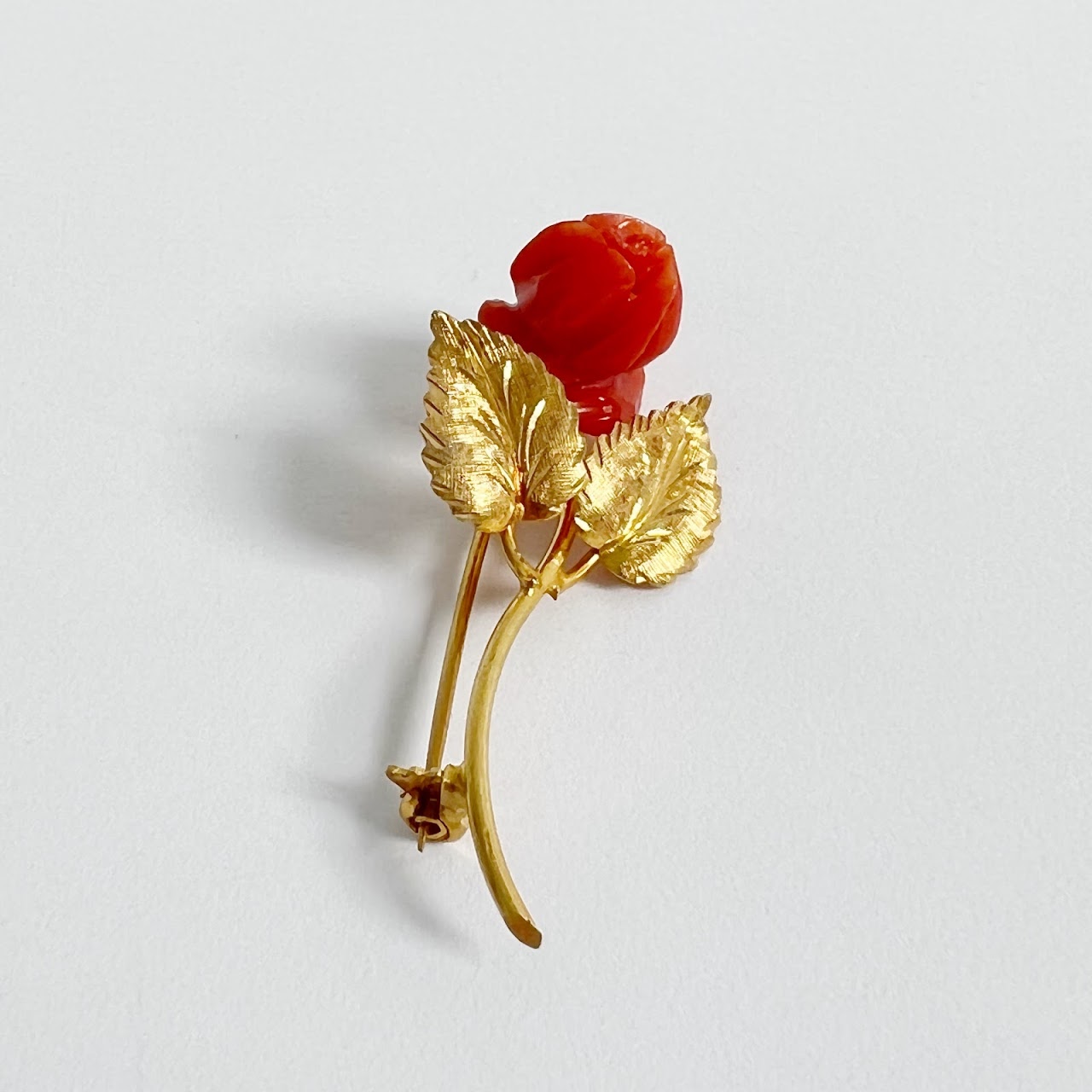 18K Gold & Coral Rose Brooch