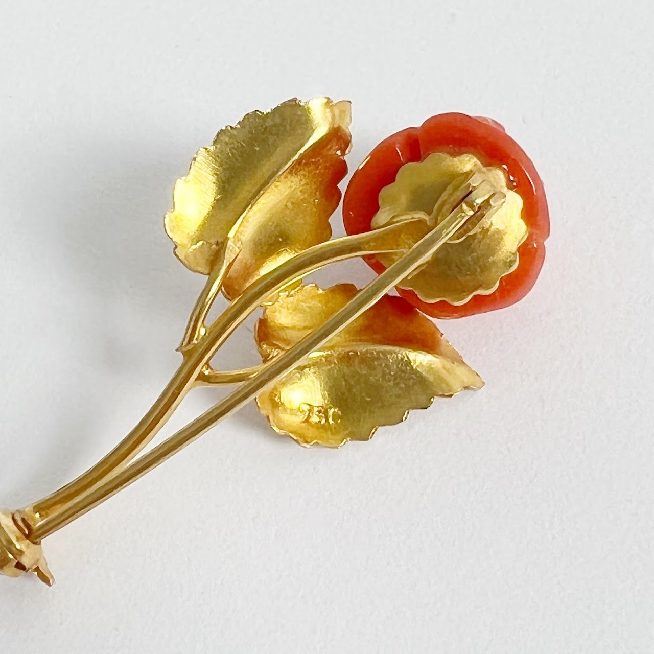 18K Gold & Coral Rose Brooch