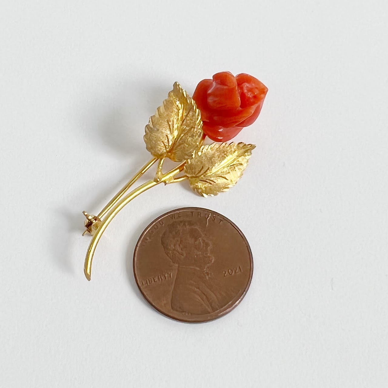 18K Gold & Coral Rose Brooch