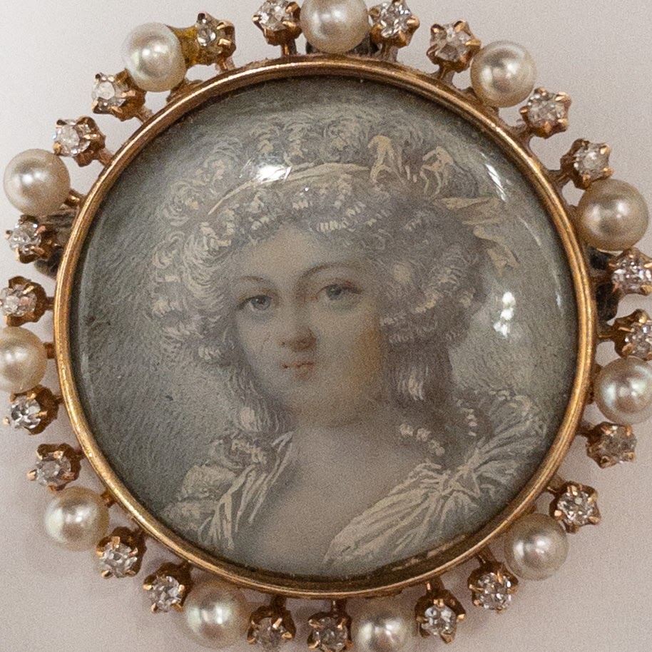 14K Gold, Pearl & Diamond Miniature Portrait Brooch