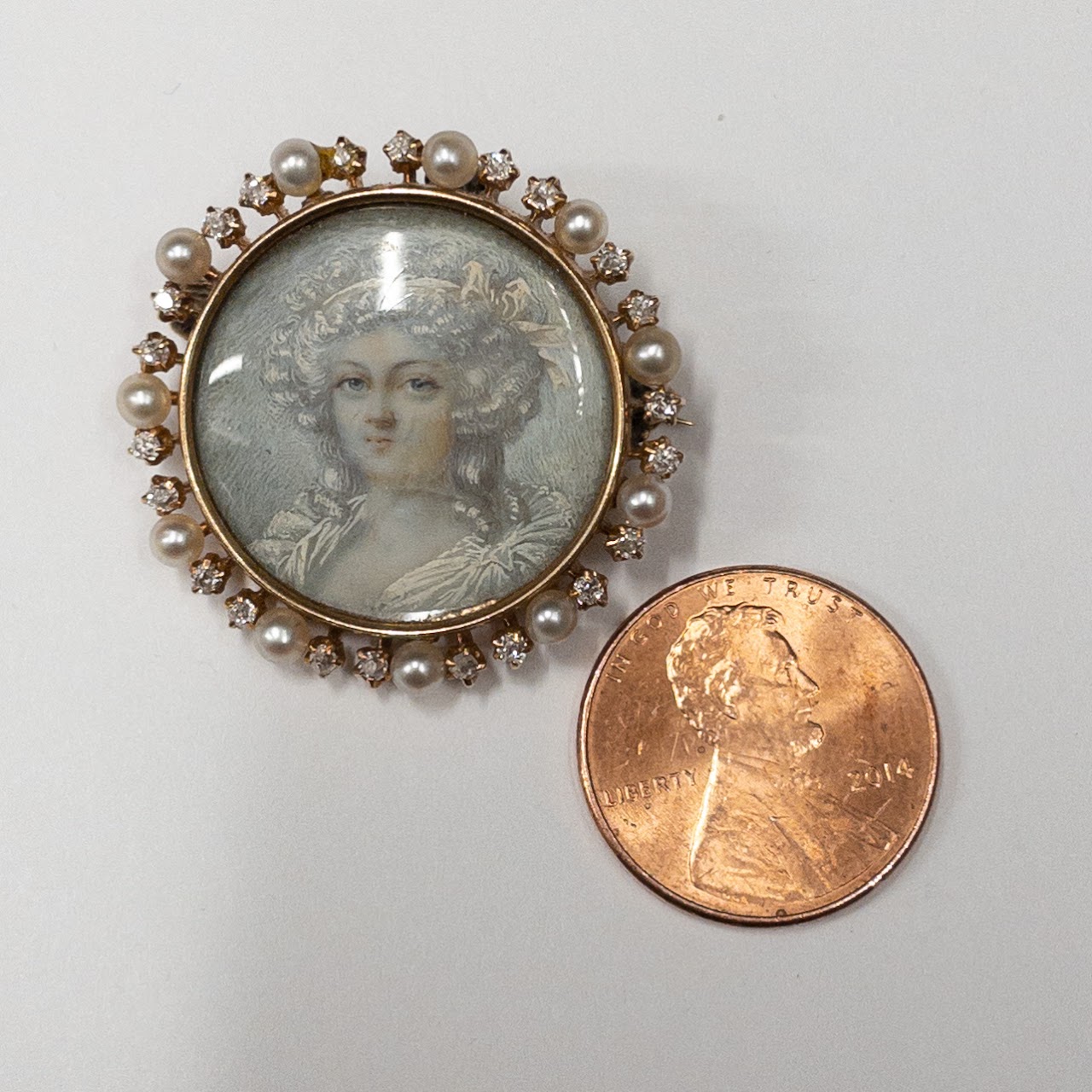 14K Gold, Pearl & Diamond Miniature Portrait Brooch