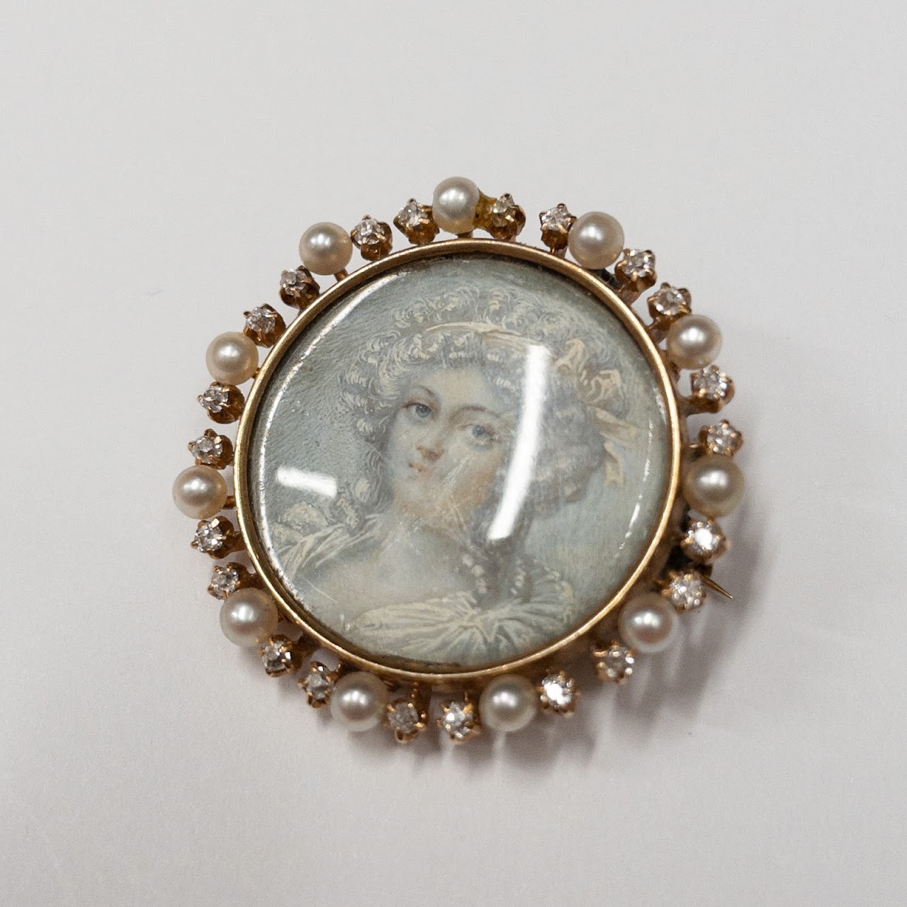 14K Gold, Pearl & Diamond Miniature Portrait Brooch