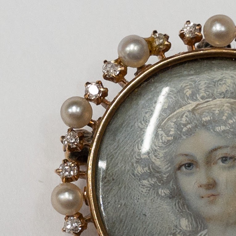 14K Gold, Pearl & Diamond Miniature Portrait Brooch