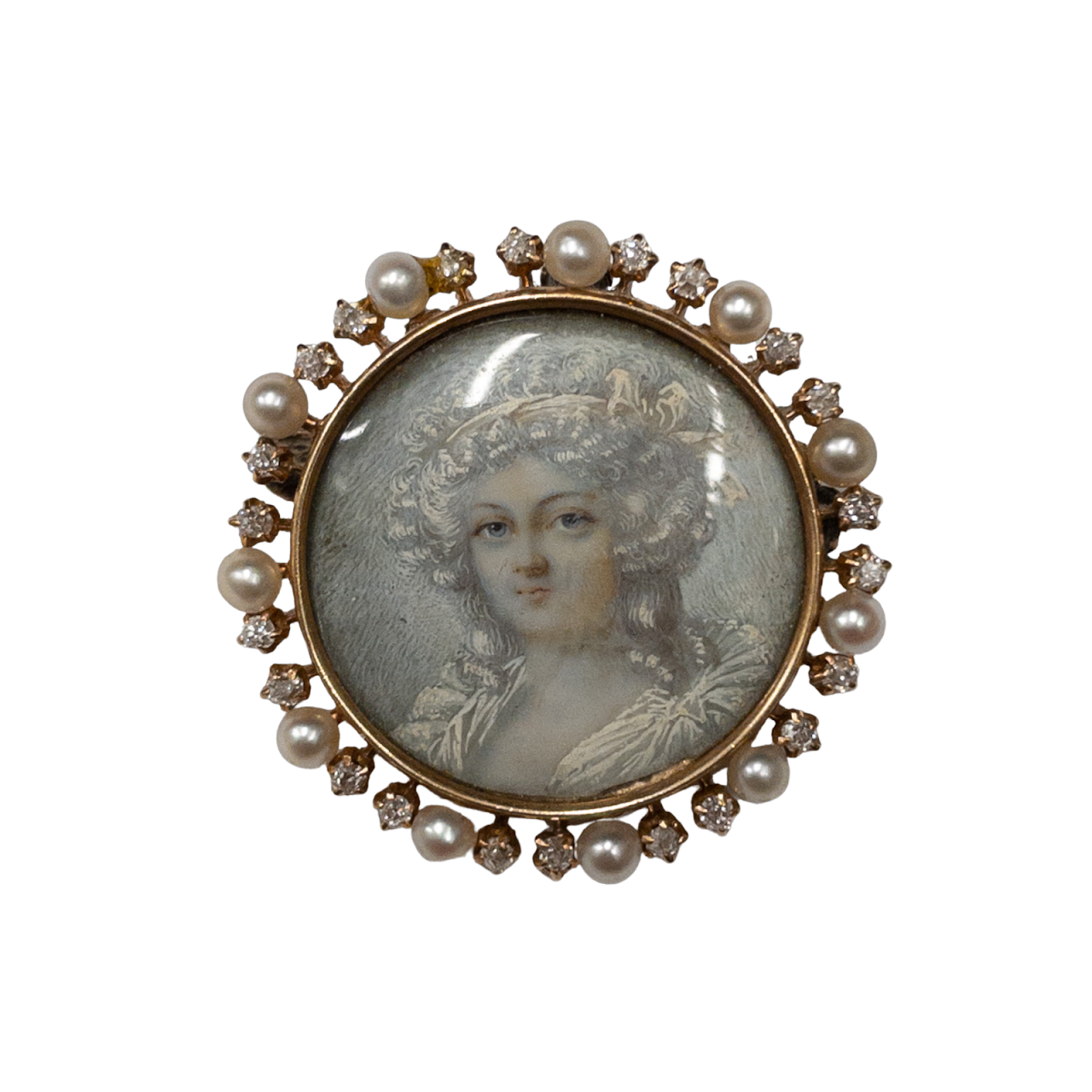14K Gold, Pearl & Diamond Miniature Portrait Brooch