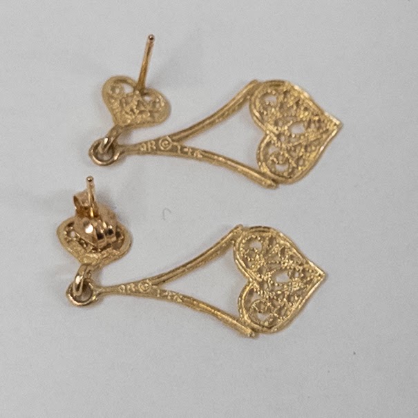 14K Gold Filigree Heart Drop Earrings