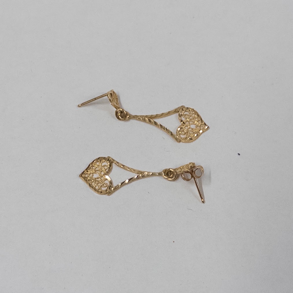 14K Gold Filigree Heart Drop Earrings