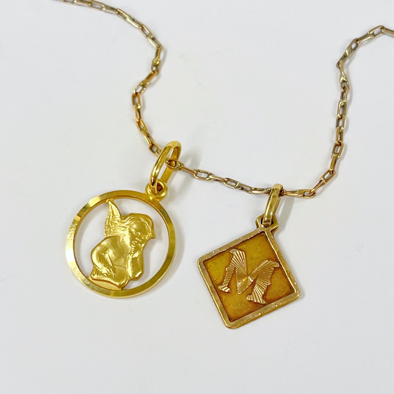 14K Gold Cherub & 'M' Pendant Necklace