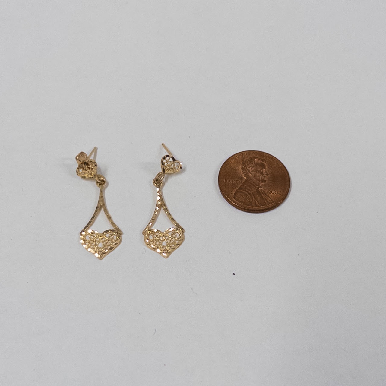 14K Gold Filigree Heart Drop Earrings