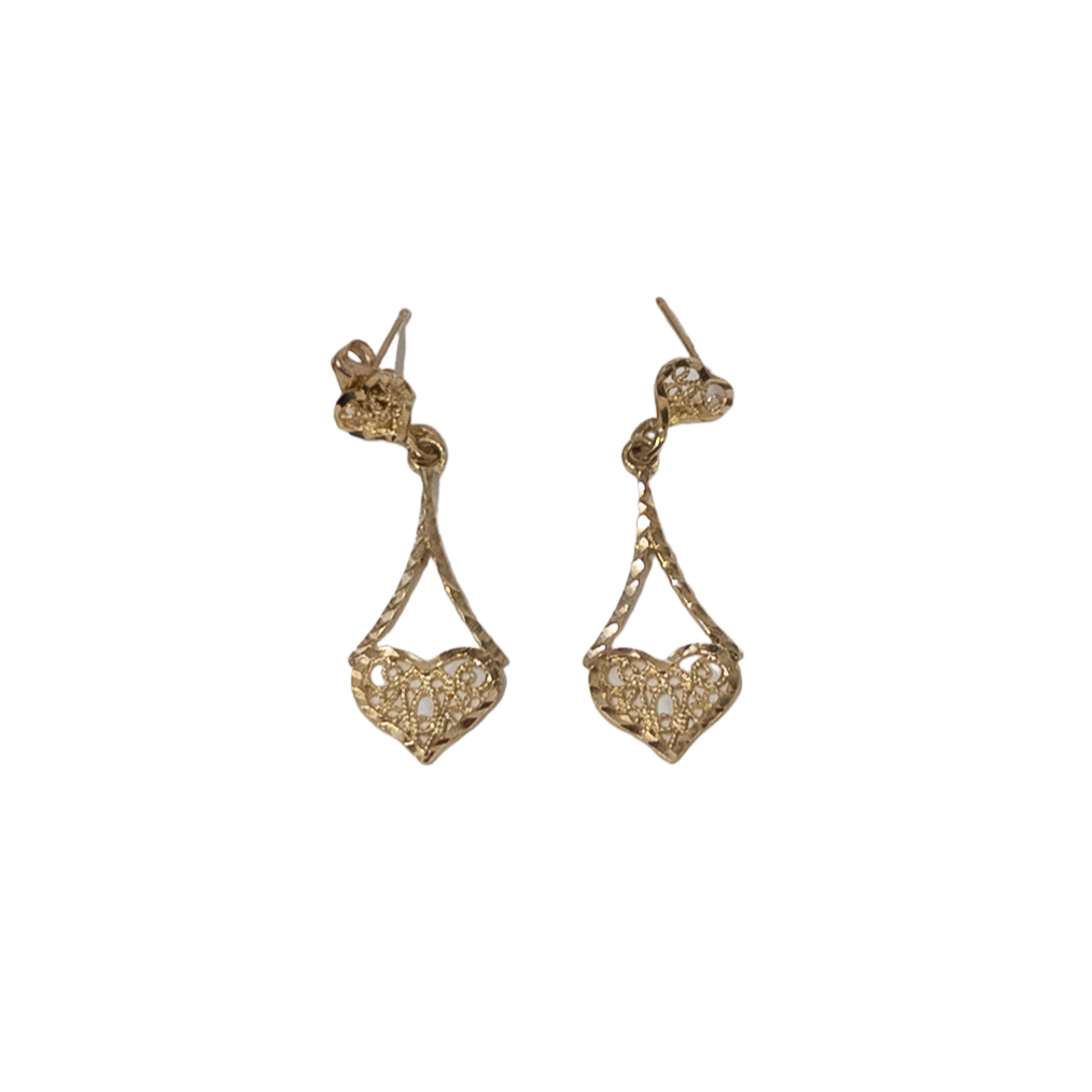 14K Gold Filigree Heart Drop Earrings