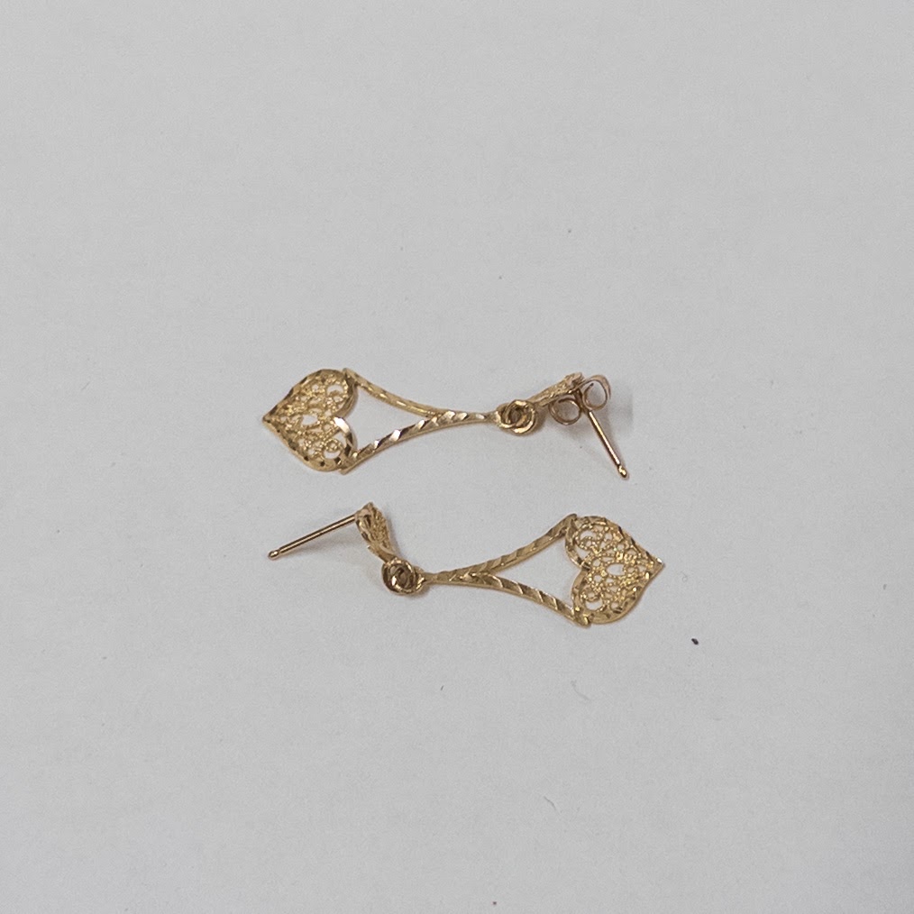 14K Gold Filigree Heart Drop Earrings