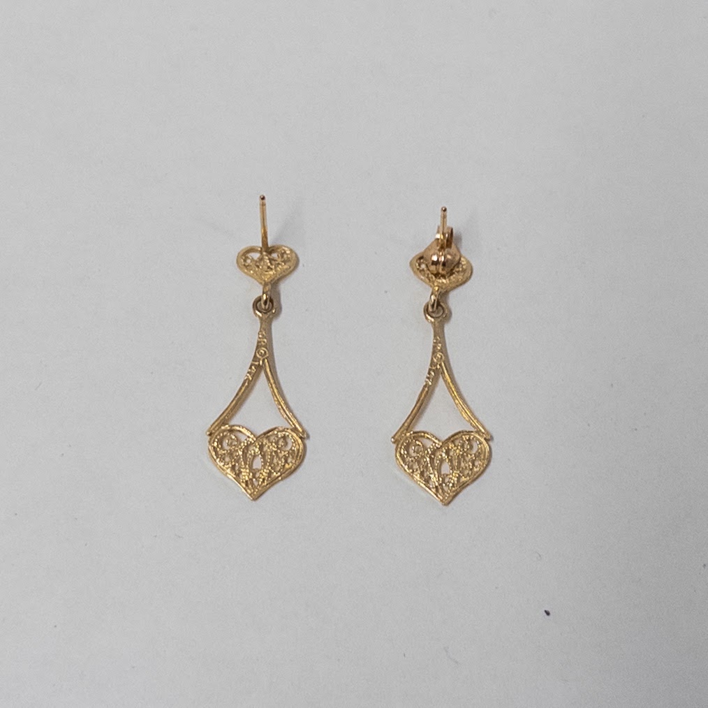 14K Gold Filigree Heart Drop Earrings