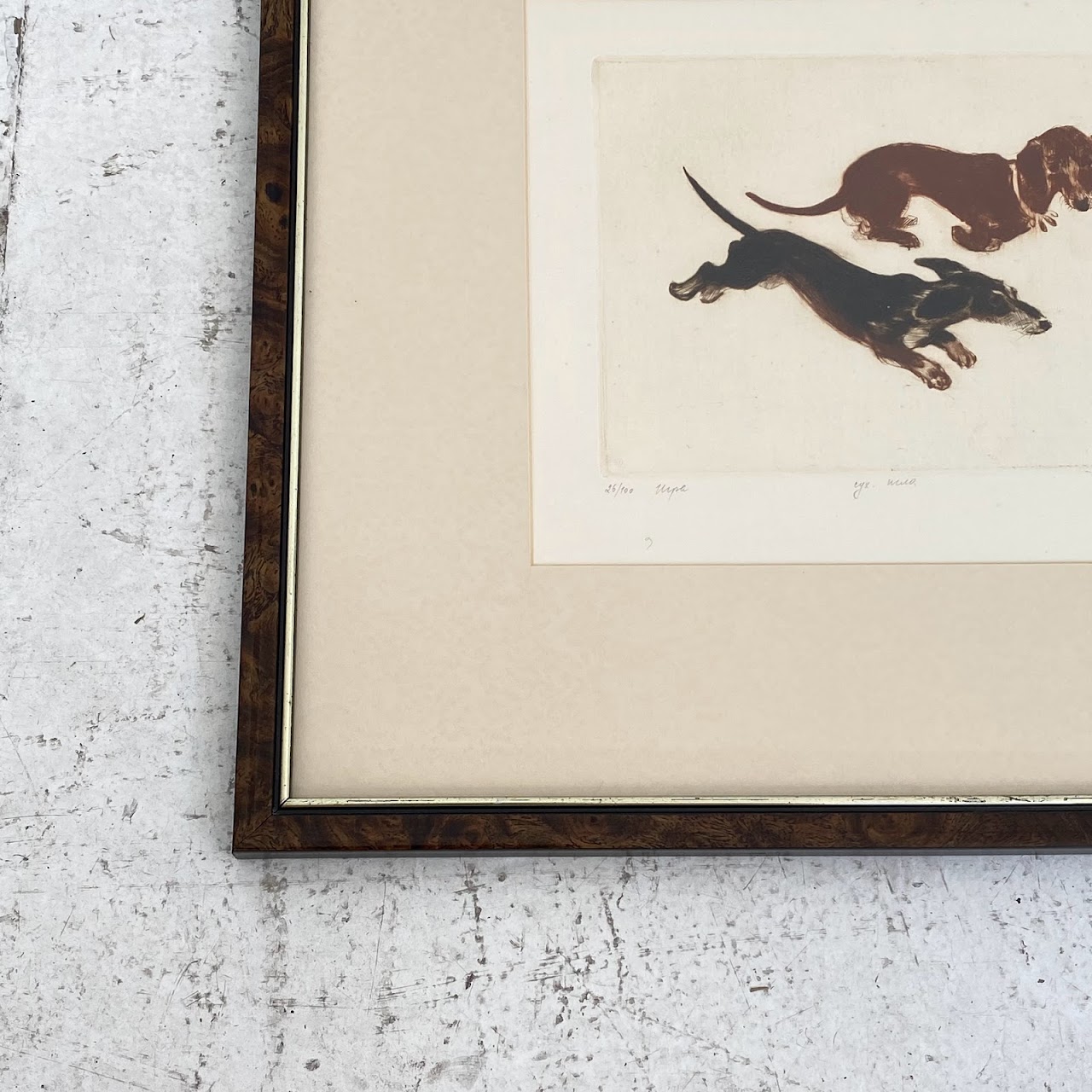 Dachshund Pair Signed Etching