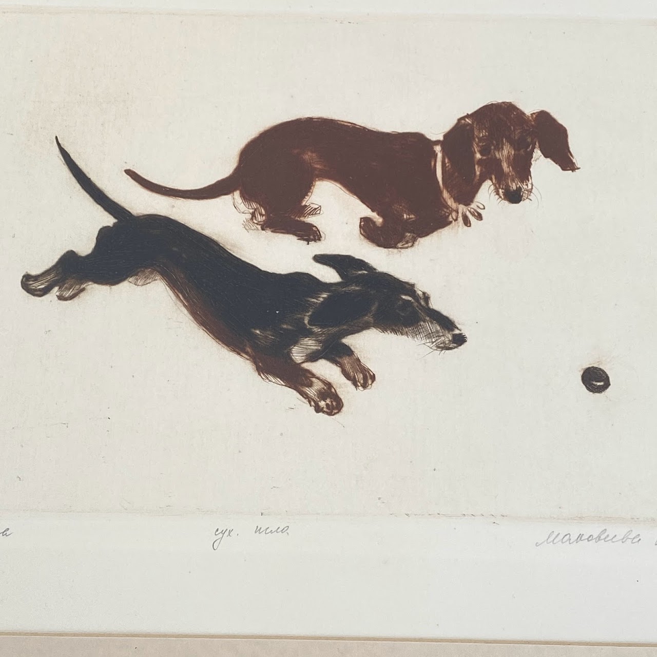 Dachshund Pair Signed Etching