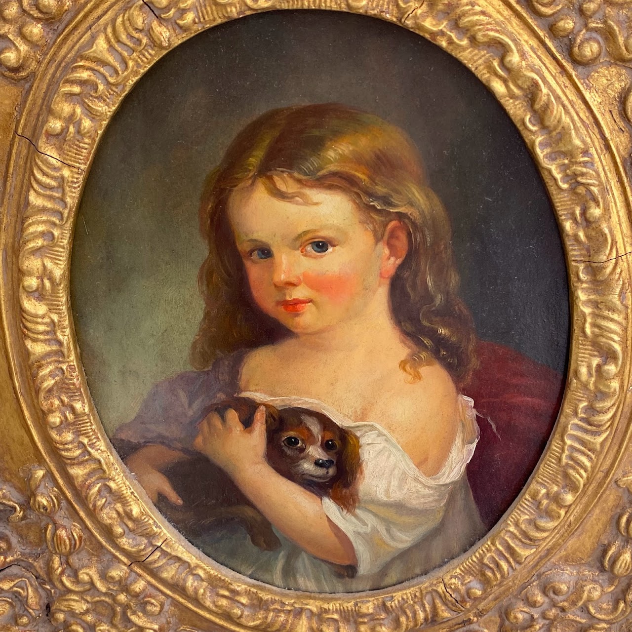Child & Dog Oil Portrait Painting in Gilded Frame