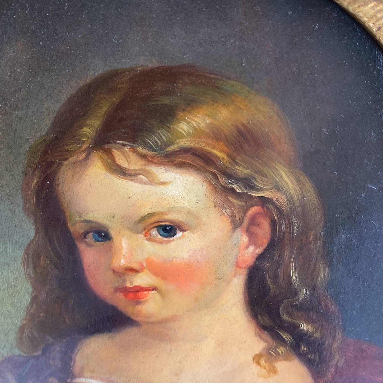 Child & Dog Oil Portrait Painting in Gilded Frame