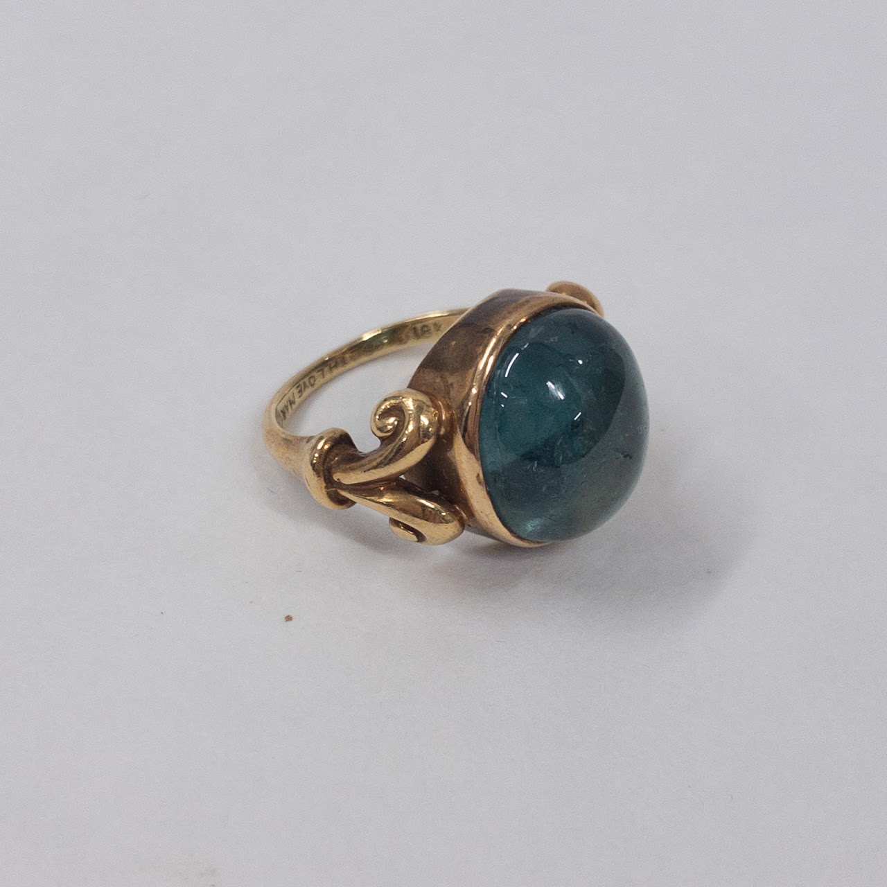 18K Gold Blue Glass Cabochon Ring