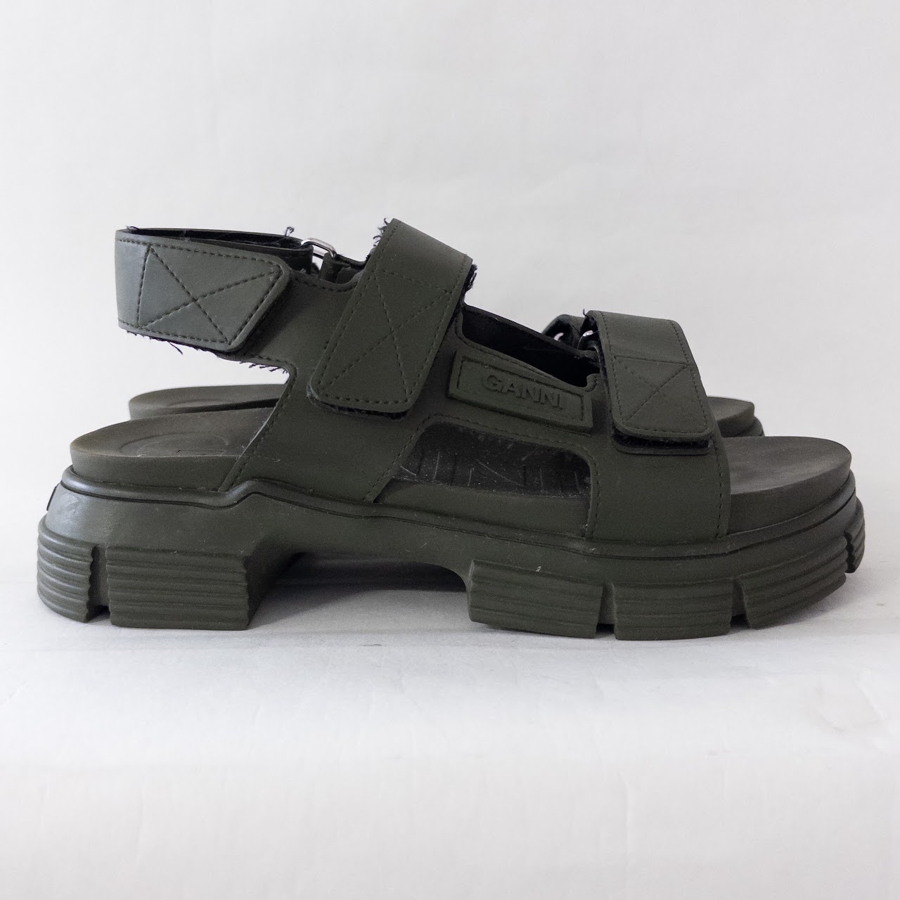 Ganni Rubber Slingback Dad Sandals in Olive