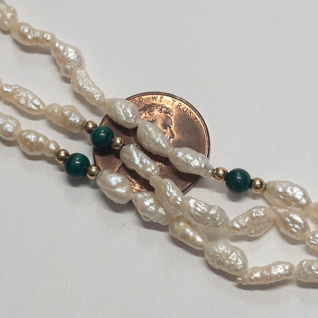 Freshwater Pearl, Malachite & 14K Gold Triple Strand Necklace