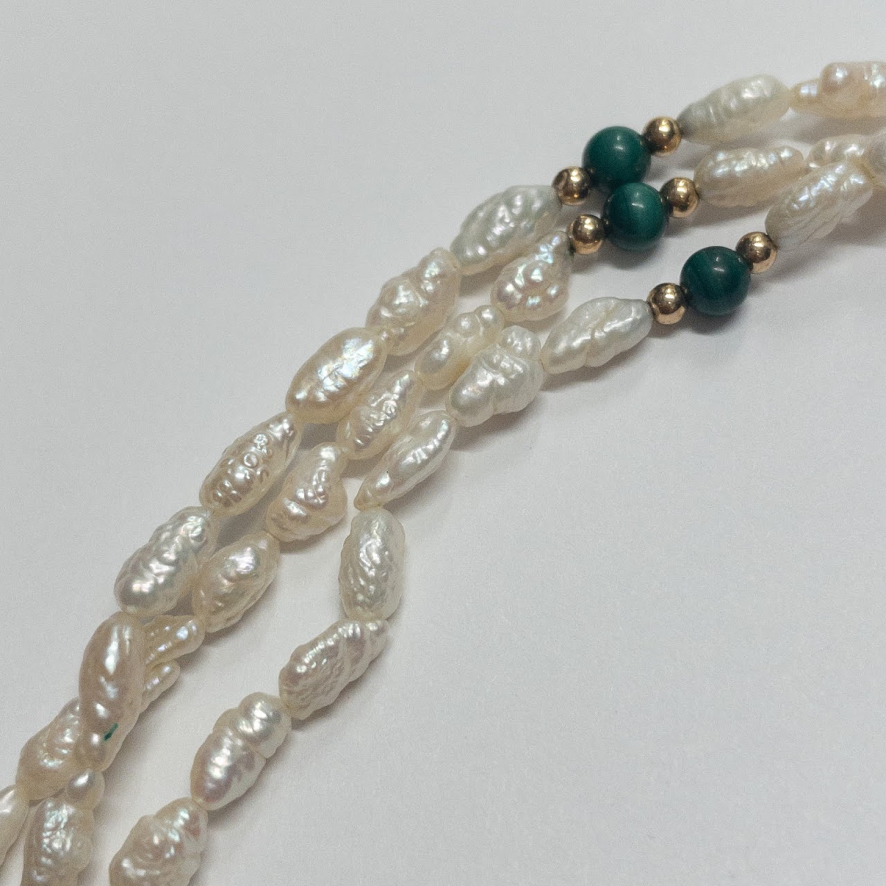 Freshwater Pearl, Malachite & 14K Gold Triple Strand Necklace